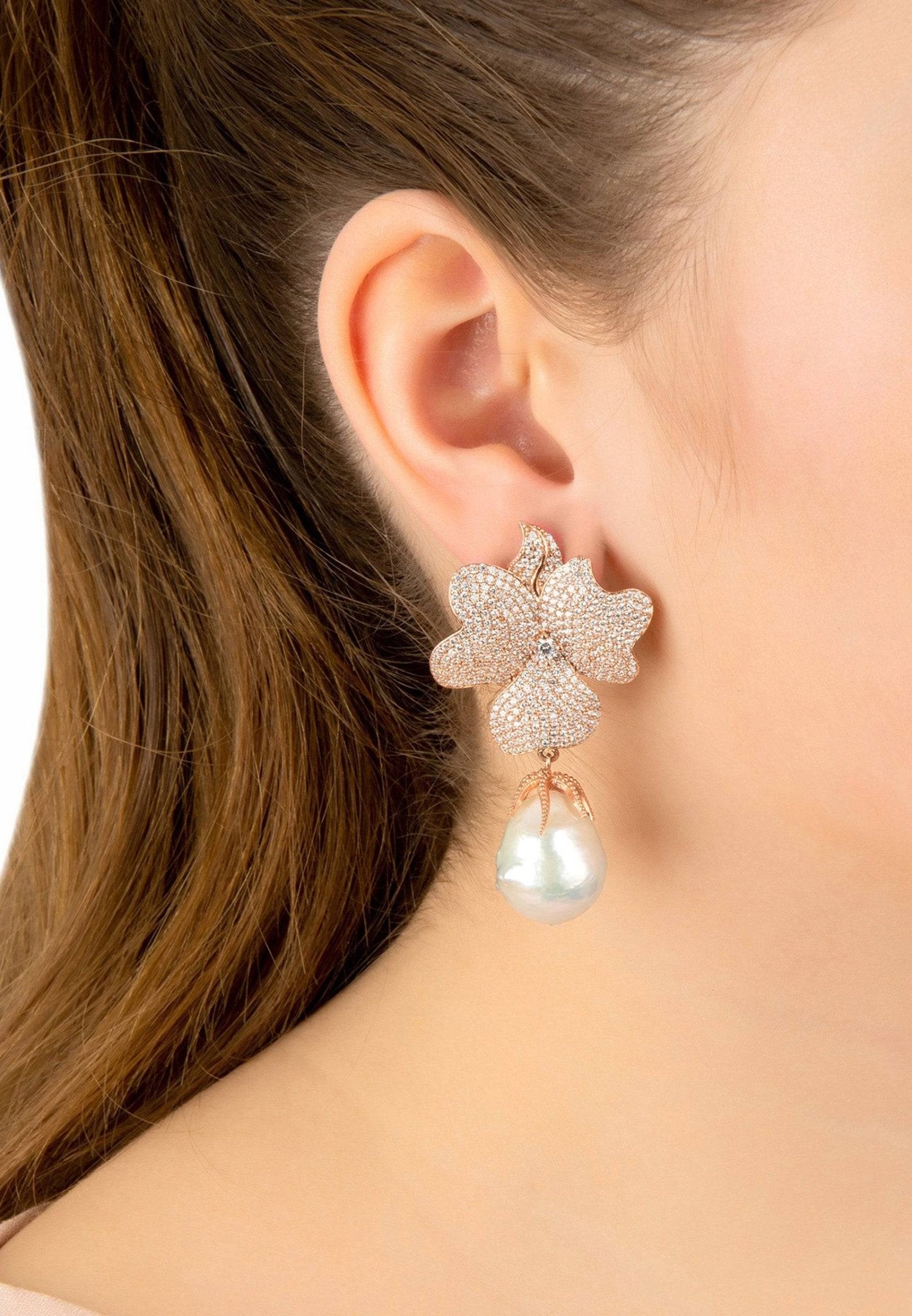 Baroque Pearl White Flower Drop Earrings featuring floral tops and sparkling cubic zirconia, crafted in rosegold.