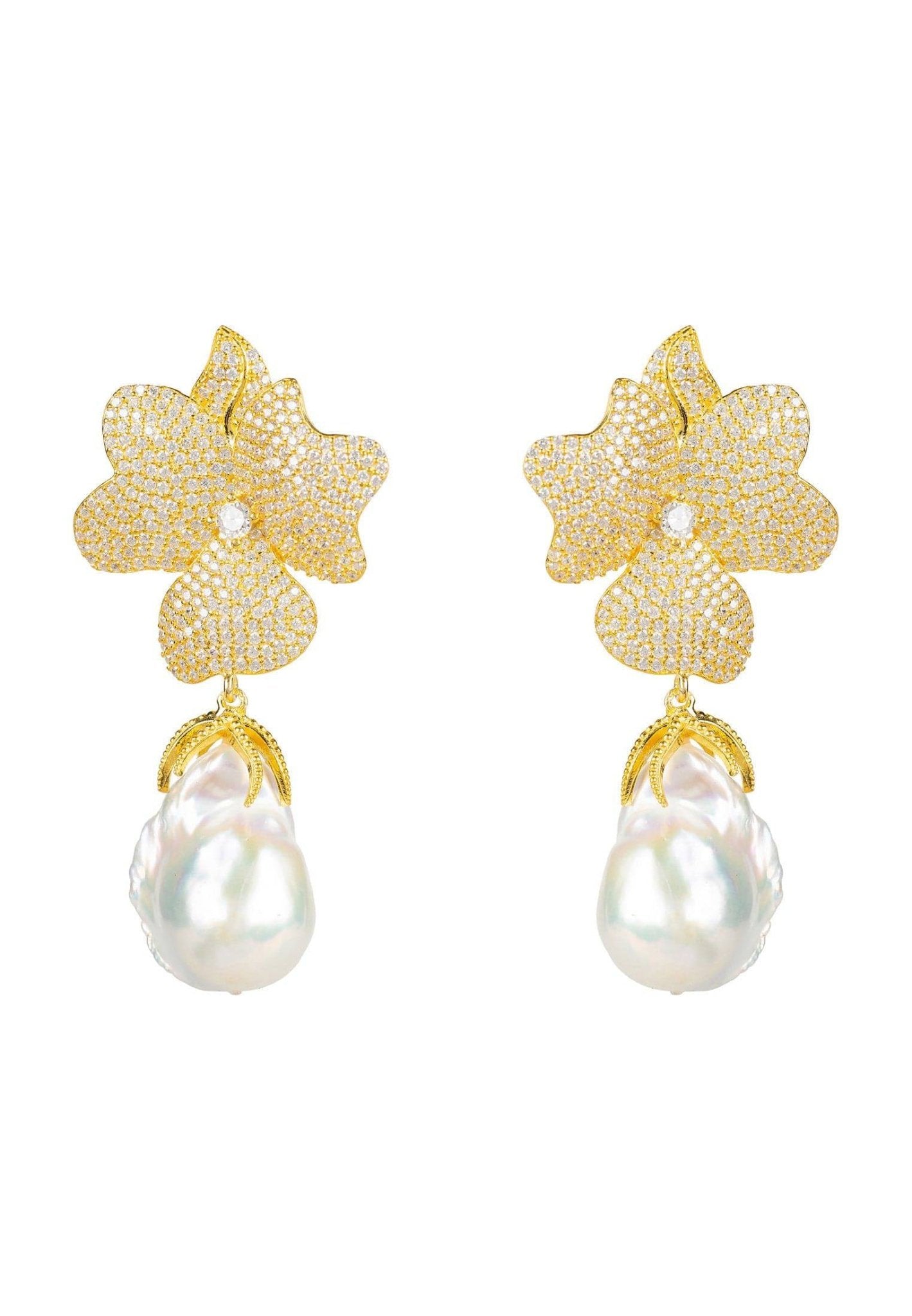 Baroque Pearl White Flower Earrings in yellow gold with floral cubic zirconia tips and dangling baroque pearls.