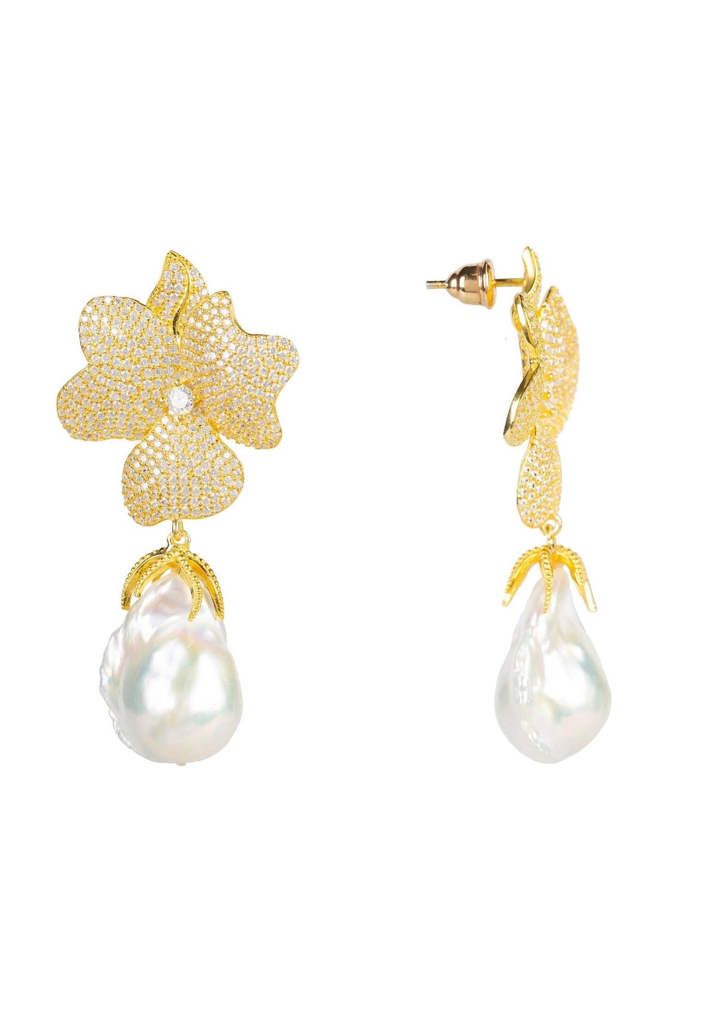 Baroque Pearl White Flower Earrings in yellow gold with floral cubic zirconia tips and dangling baroque pearls.