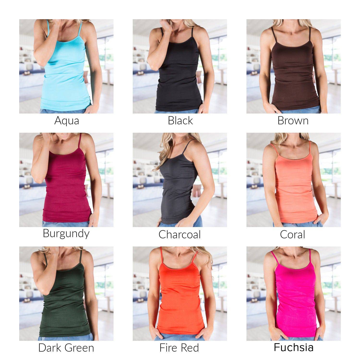 Basic Layering Cami in various colors, featuring scoop neck and seamless design, ideal for layering and versatile wear.