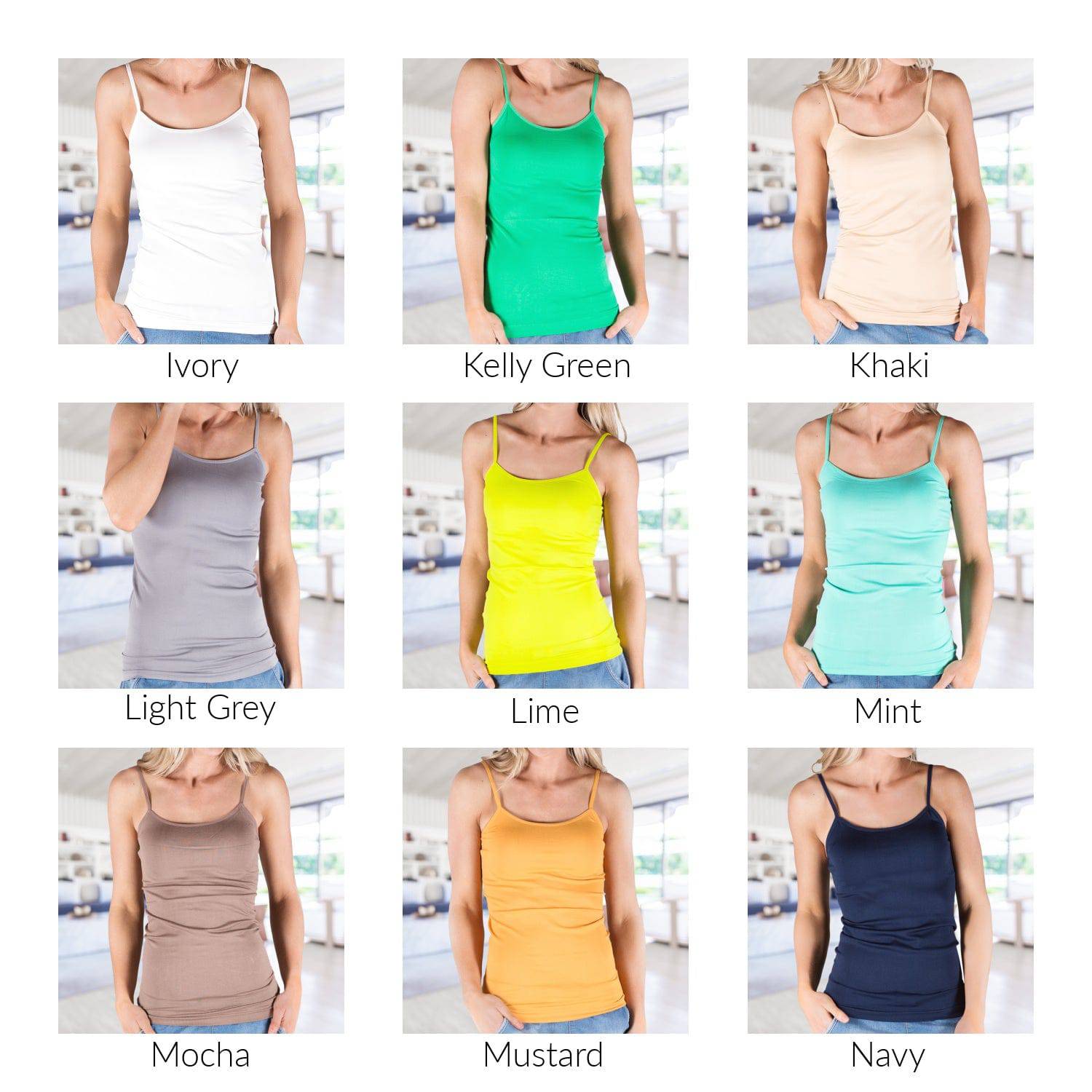 Basic Layering Cami in various colors, featuring scoop neck and seamless design, ideal for layering and versatile wear.