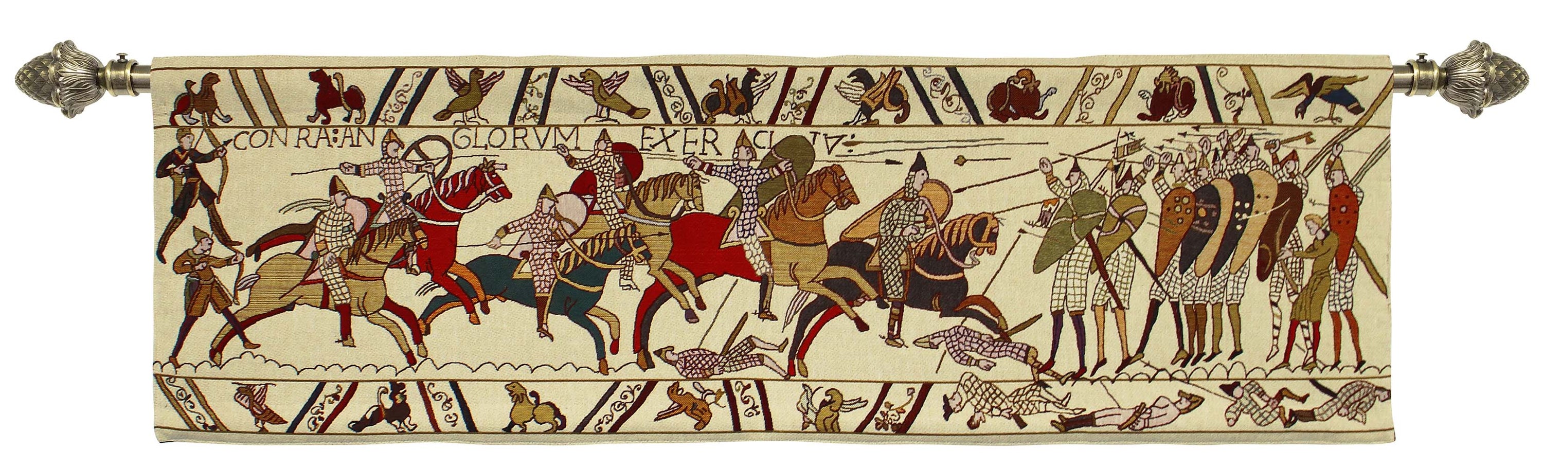 Bayeux Hastings Battle wall hanging, 144cm x 45cm, showcasing intricate medieval artwork depicting the Battle of Hastings.