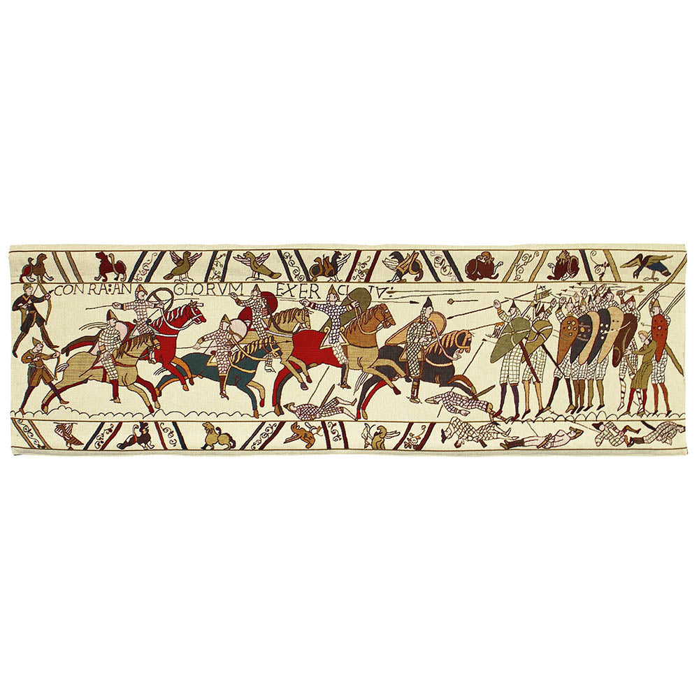 Bayeux Hastings Battle wall hanging, 144cm x 45cm, showcasing intricate medieval artwork depicting the Battle of Hastings.