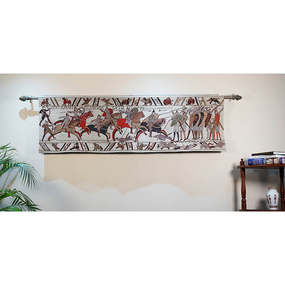 Bayeux Hastings Battle wall hanging, 144cm x 45cm, showcasing intricate medieval artwork depicting the Battle of Hastings.