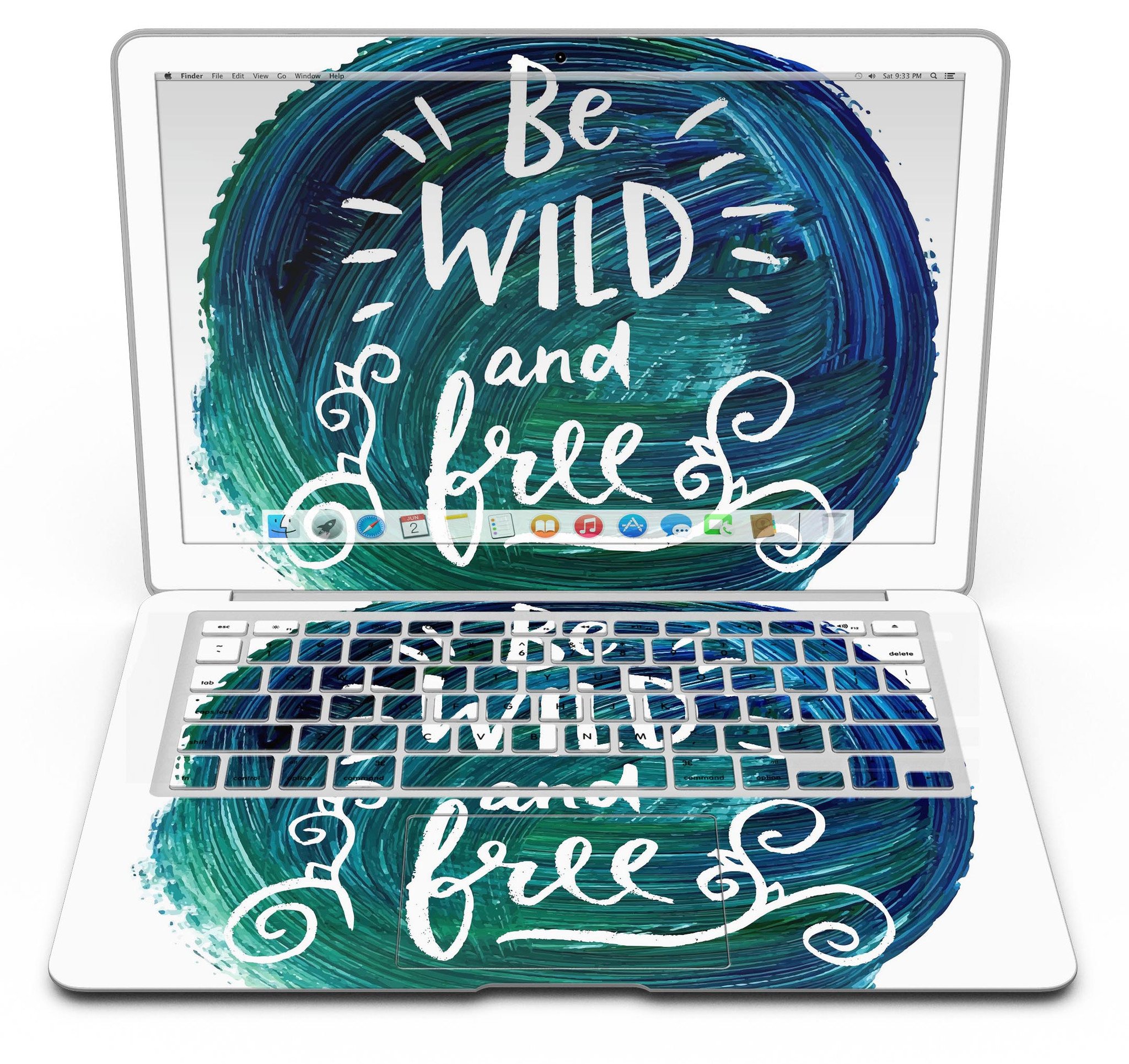 Be Wild and Free MacBook Air Skin Kit showcasing vibrant design and premium vinyl material.