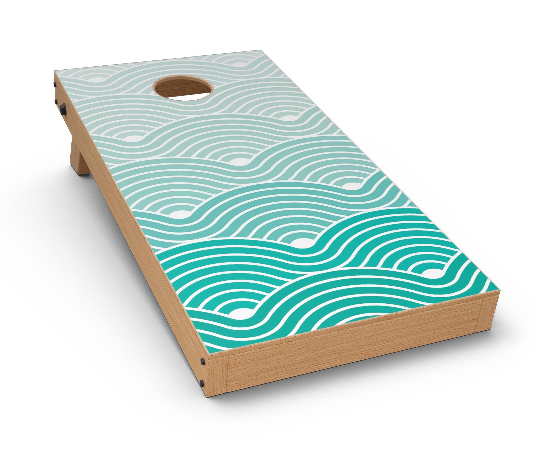 Beach-themed Cornhole board skin decal kit featuring waves design, perfect for summer outdoor games.