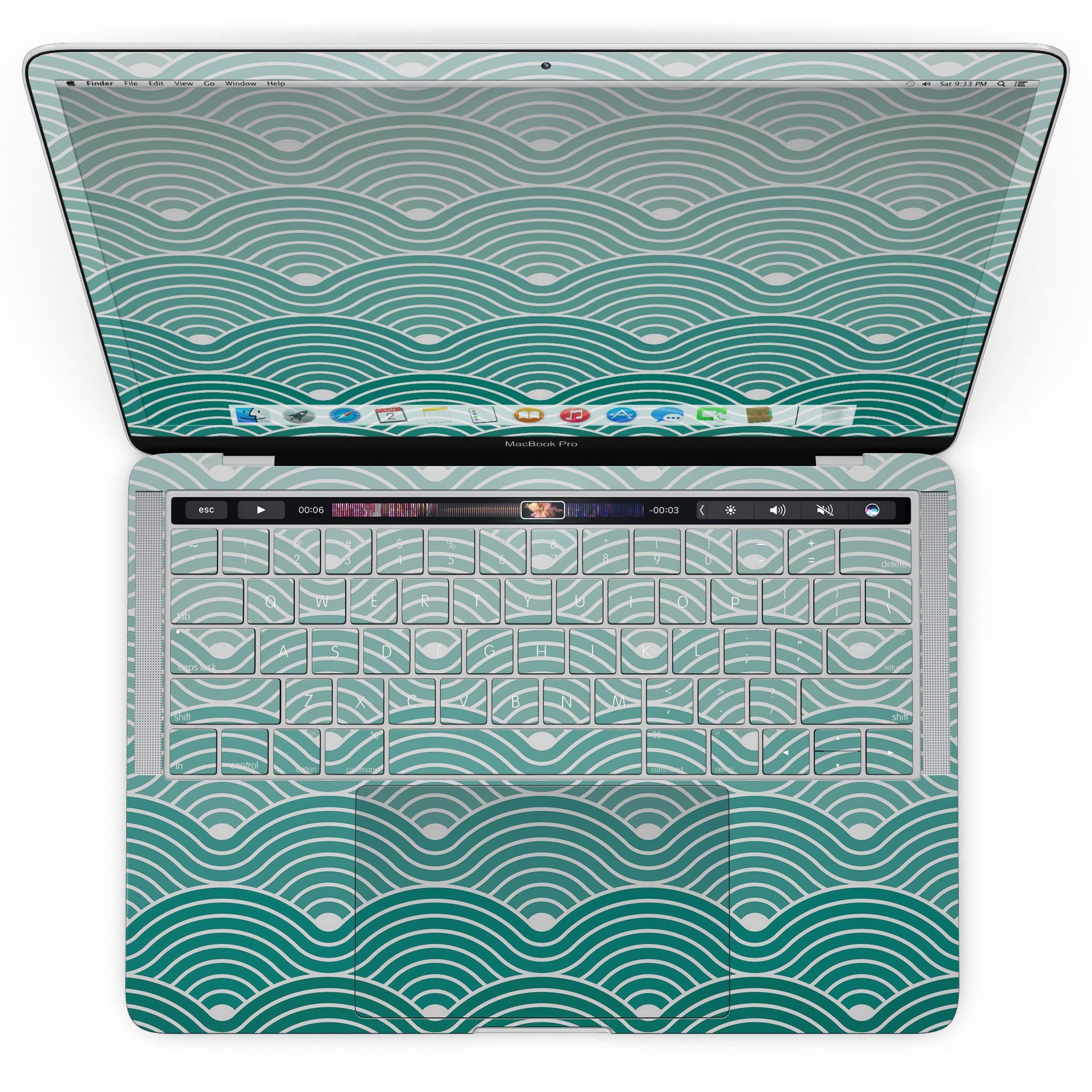 Beach Hotel Wallpaper Waves skin kit for MacBook Pro, showcasing vibrant ocean waves design on a sleek vinyl surface.