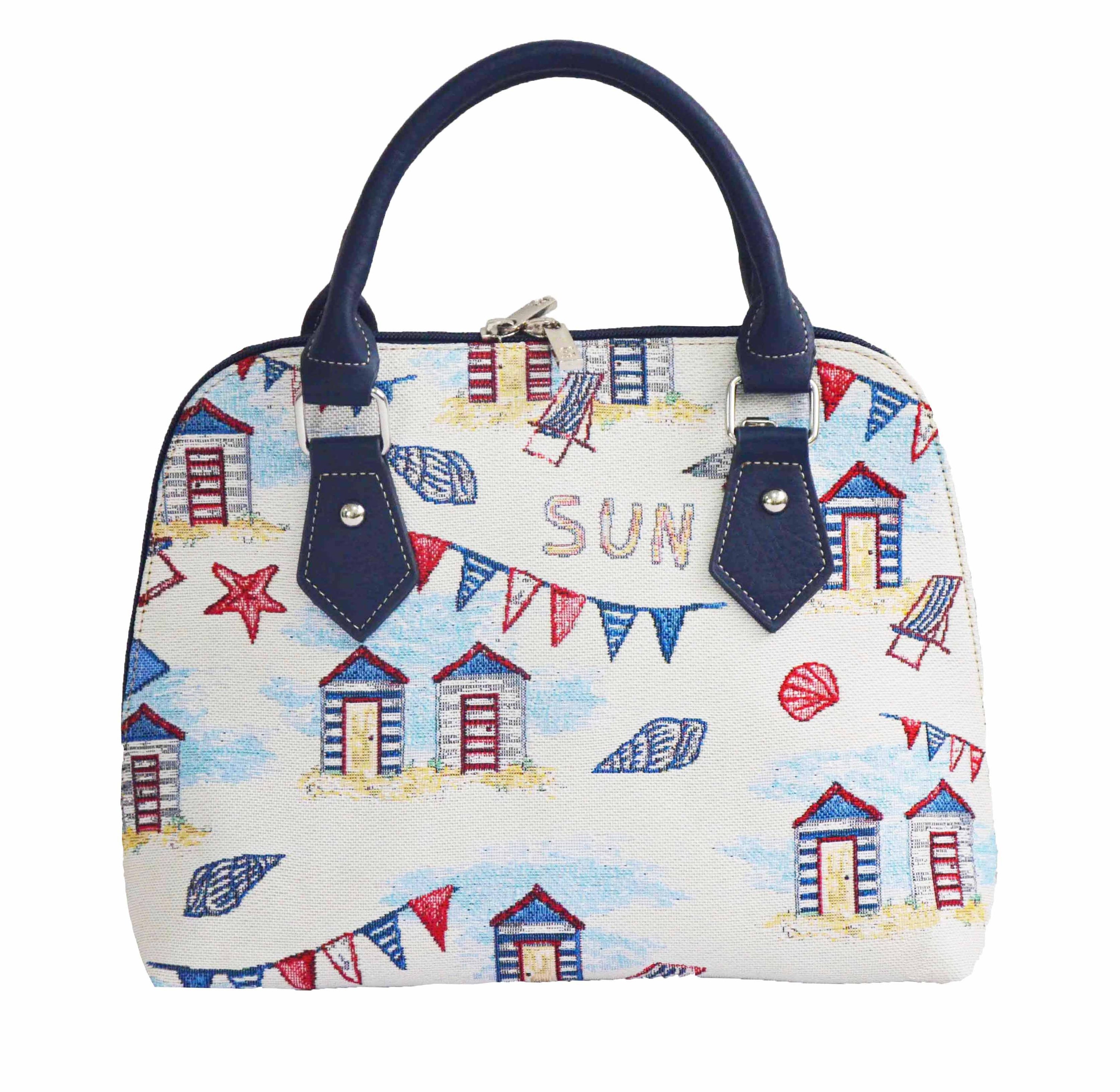 Beach Hut Convertible Bag featuring a charming seaside design with sun loungers and seashells, made from eco-friendly materials.