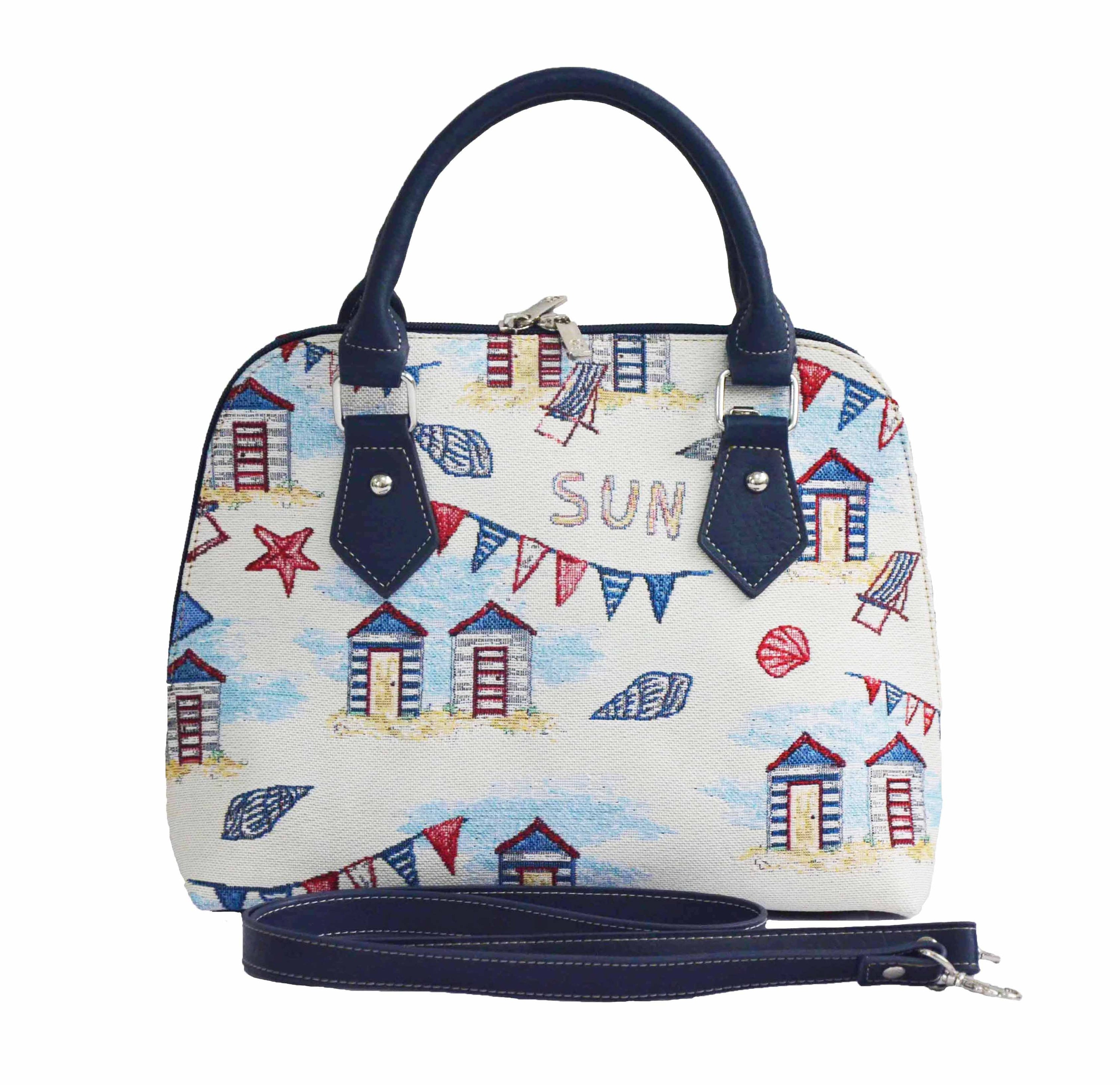 Beach Hut Convertible Bag featuring a charming seaside design with sun loungers and seashells, made from eco-friendly materials.