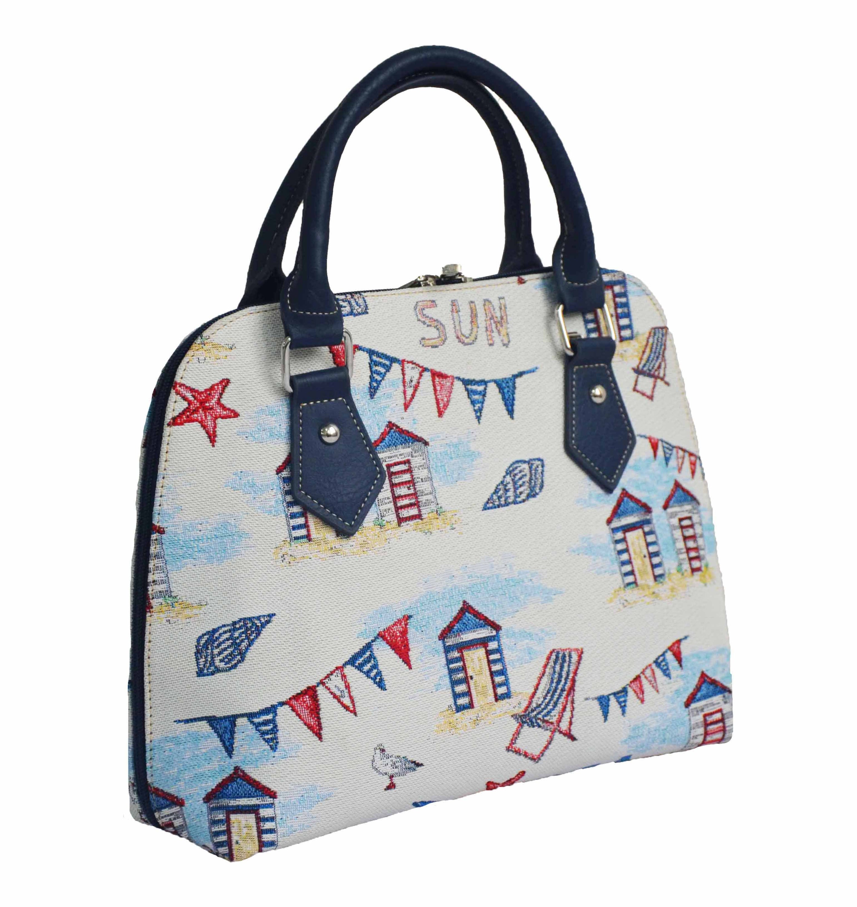 Beach Hut Convertible Bag featuring a charming seaside design with sun loungers and seashells, made from eco-friendly materials.