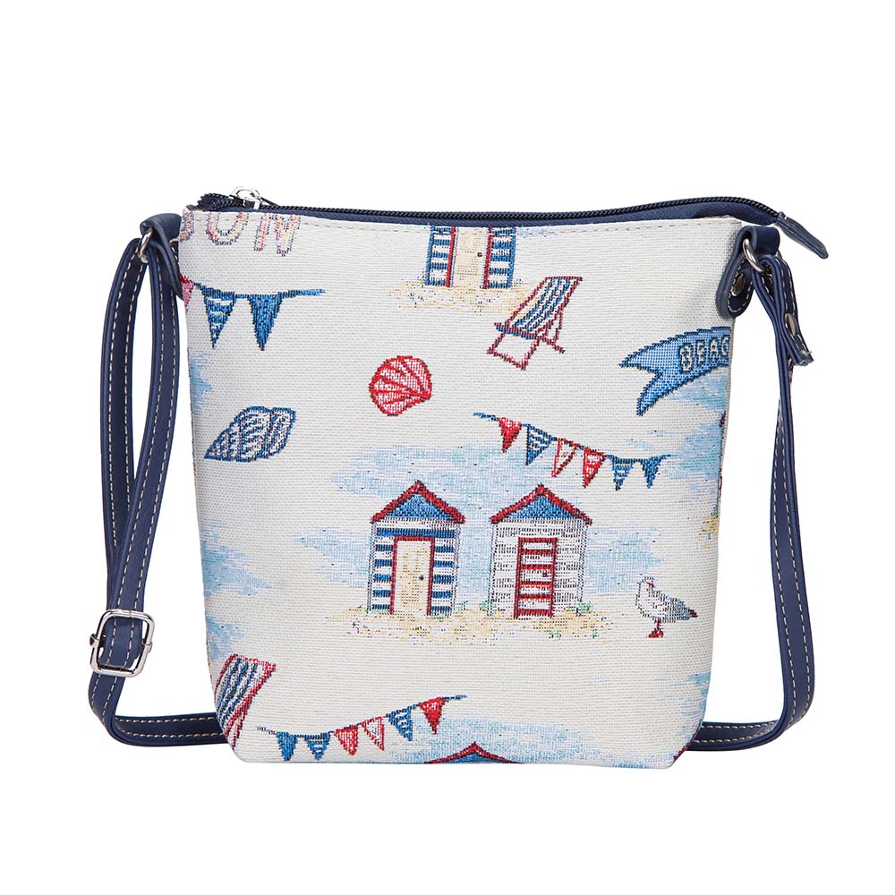 Beach Hut Sling Bag featuring a charming seaside design with sun loungers and seashells, made from eco-friendly materials.