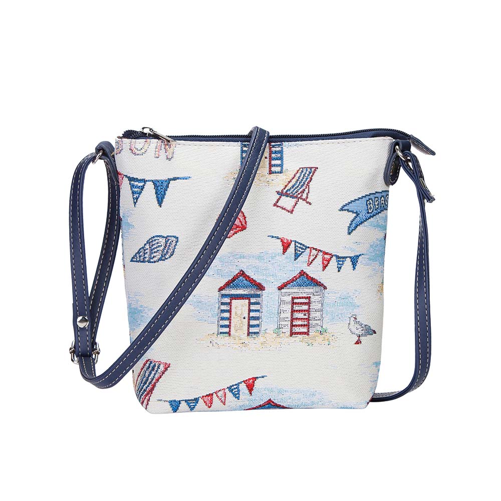 Beach Hut Sling Bag featuring a charming seaside design with sun loungers and seashells, made from eco-friendly materials.