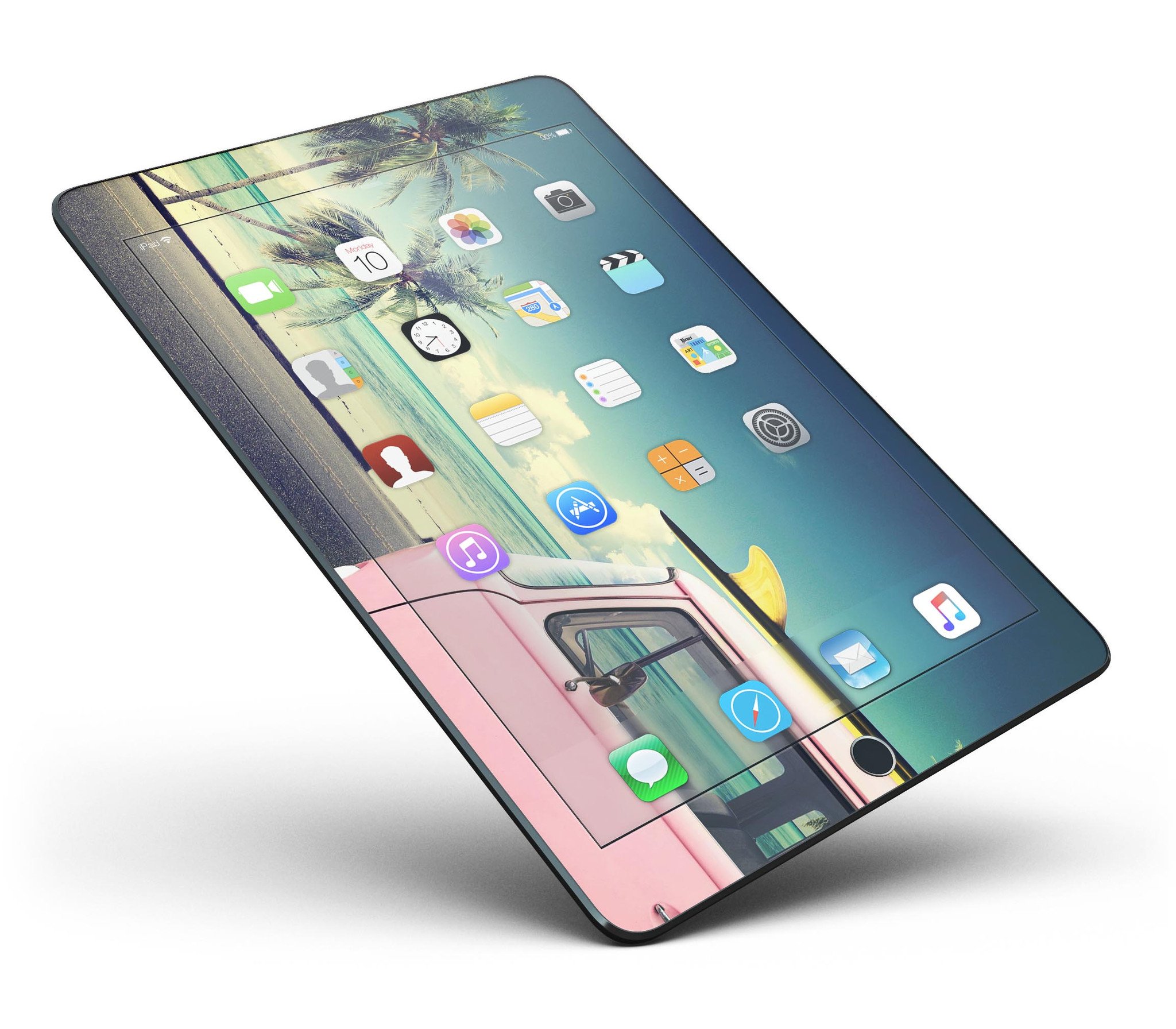 Beach Trip Full Body Skin for iPad Pro, featuring a vibrant beach design, available in glossy and matte finishes, fits 9.7" and 12.9" models.