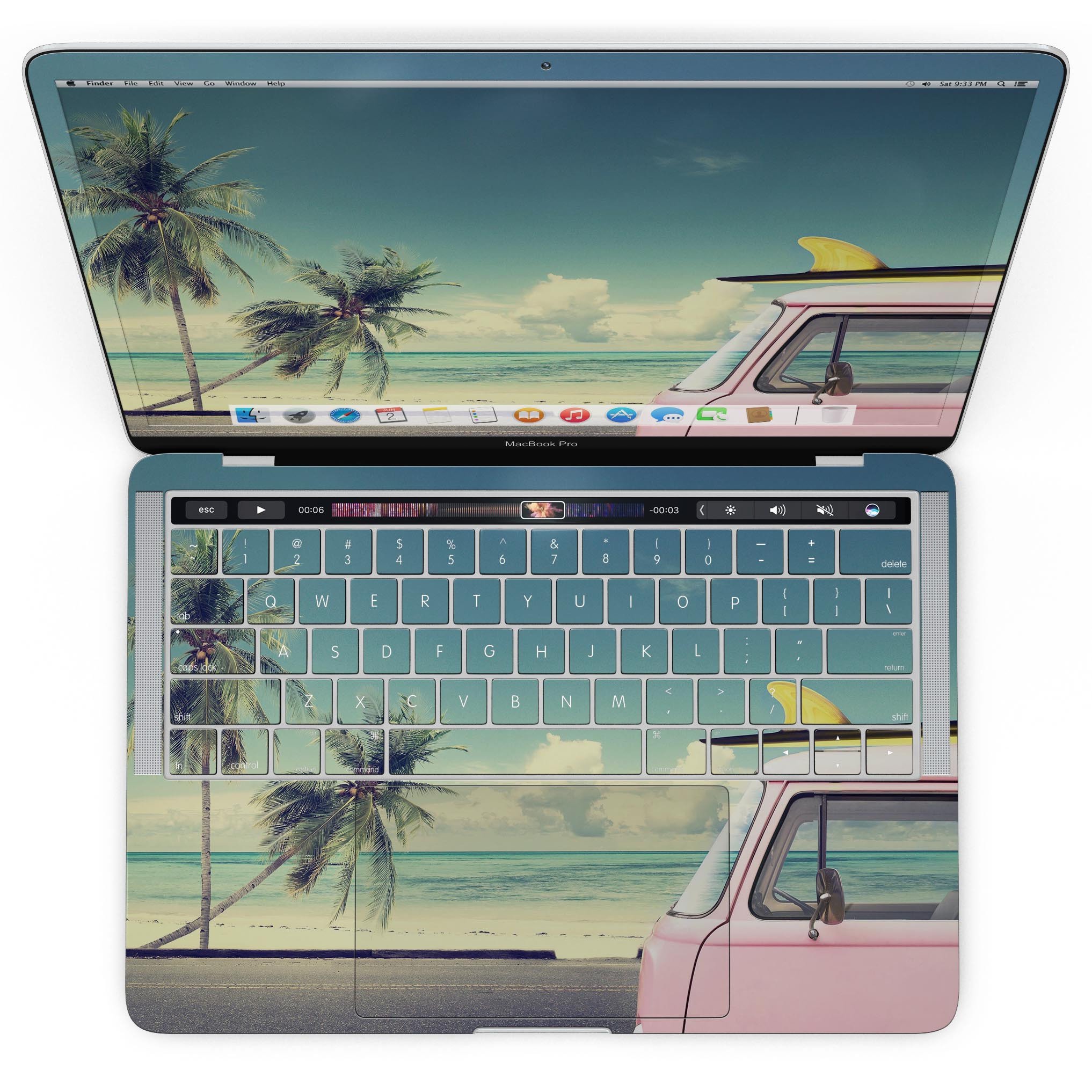 Beach Trip skin kit for MacBook Pro with Touch Bar, featuring vibrant design and premium vinyl material for protection and style.