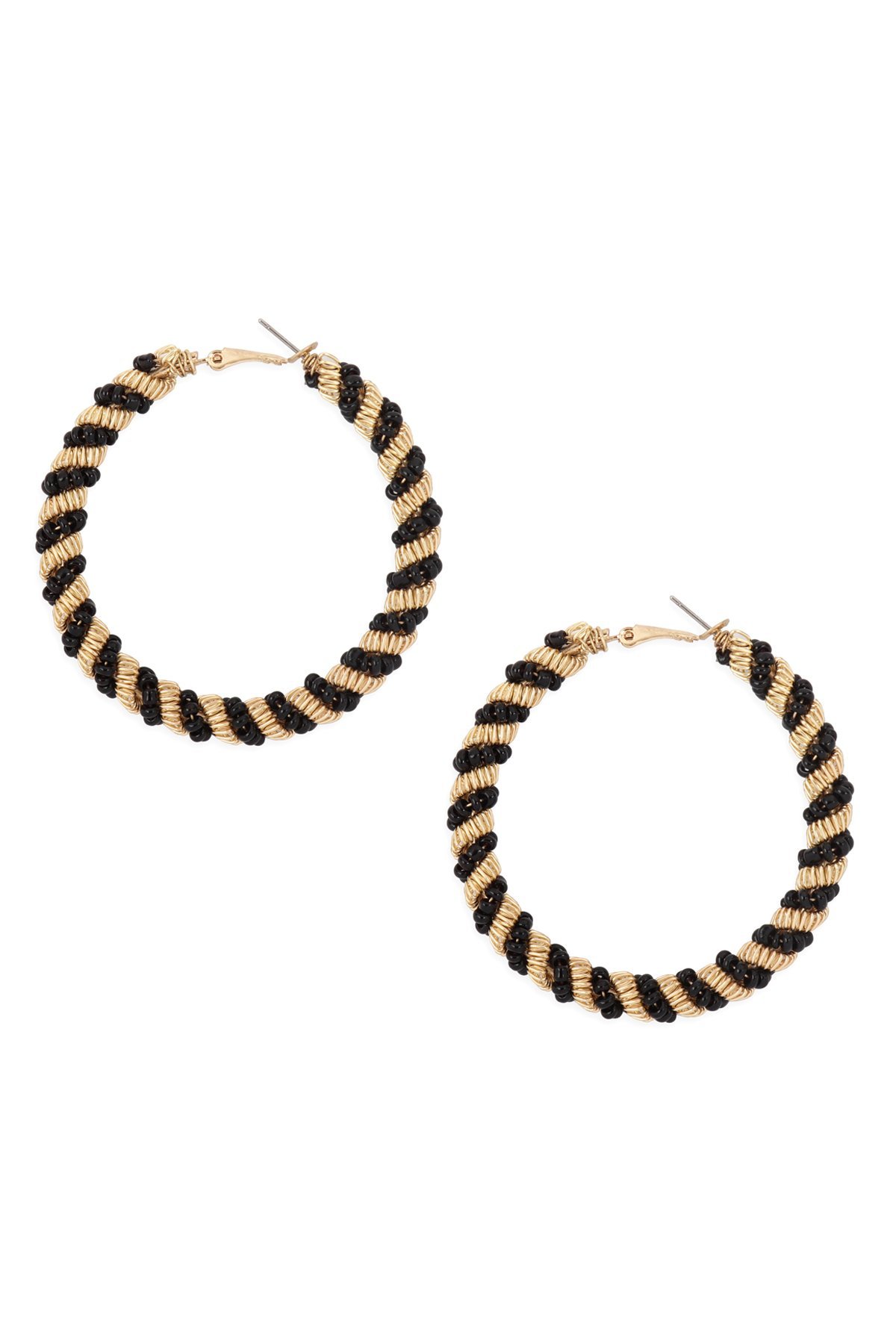 Elegant Bead Twisted Hoop Earrings featuring brass and colorful seed beads, perfect for any occasion.