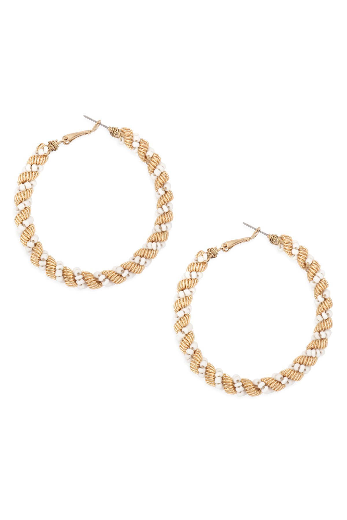 Elegant Bead Twisted Hoop Earrings featuring brass and colorful seed beads, perfect for any occasion.