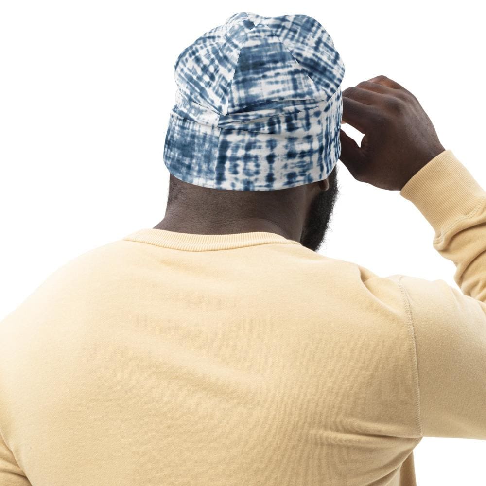 Blue and white slouchy beanie hat for men and women, showcasing a trendy design and soft fabric.