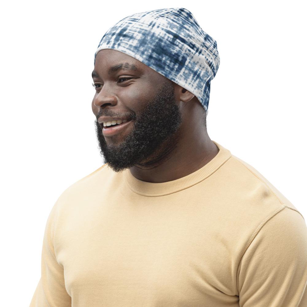 Blue and white slouchy beanie hat for men and women, showcasing a trendy design and soft fabric.