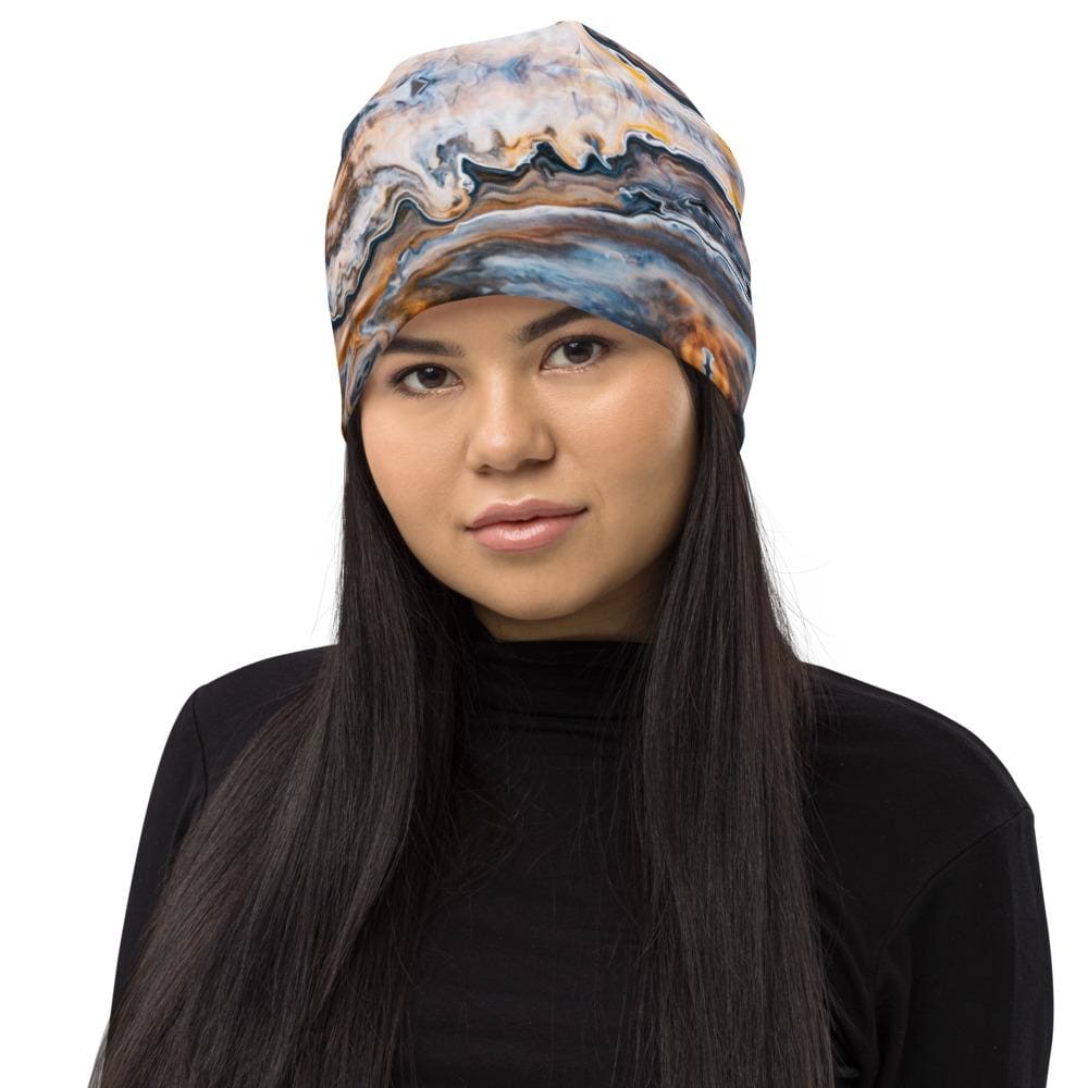 Blue swirl slouchy beanie hat for men and women, showcasing its trendy design and soft fabric.