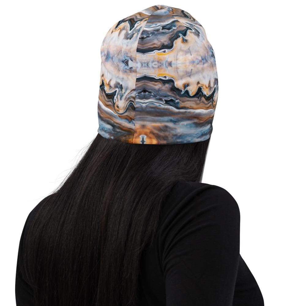 Blue swirl slouchy beanie hat for men and women, showcasing its trendy design and soft fabric.