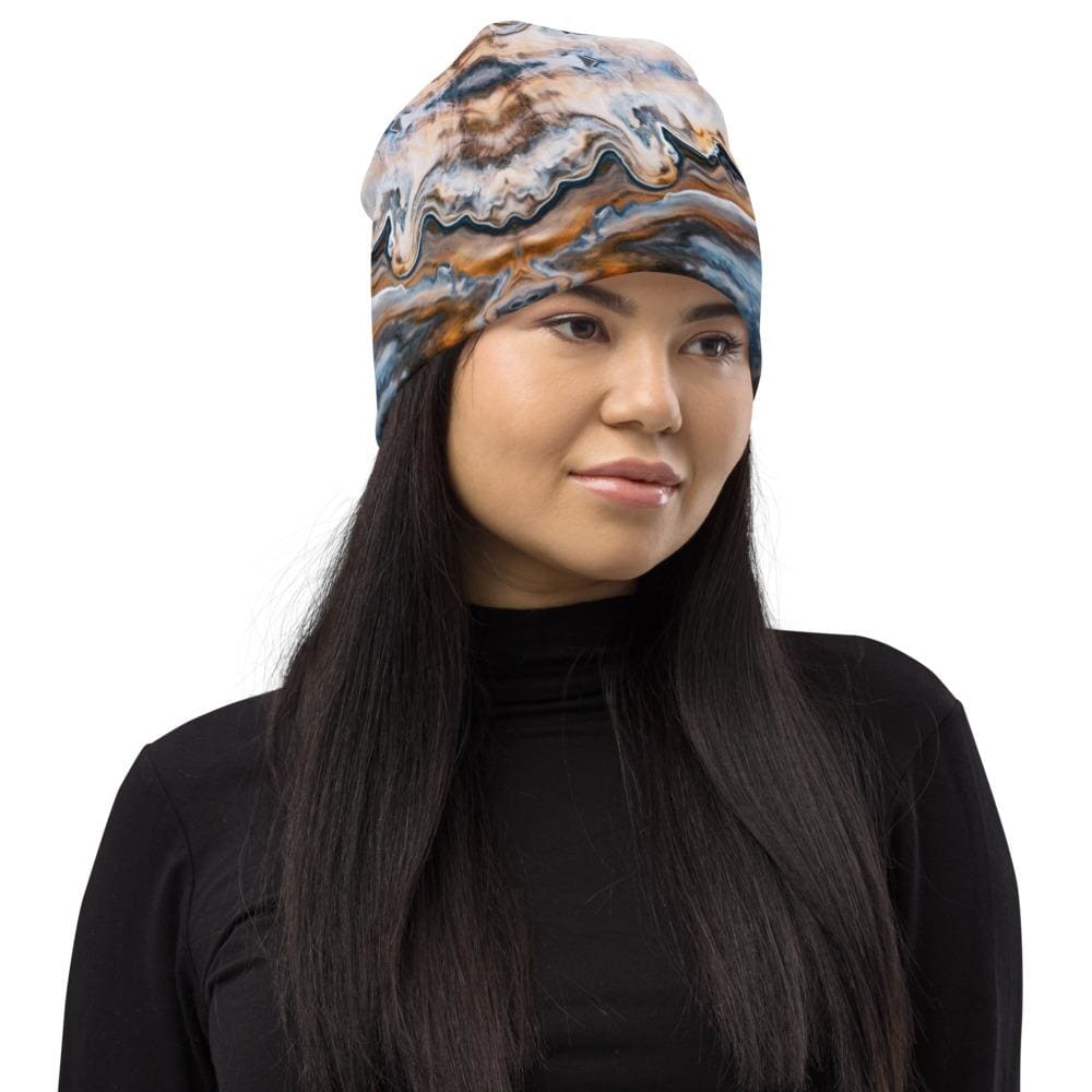 Blue swirl slouchy beanie hat for men and women, showcasing its trendy design and soft fabric.