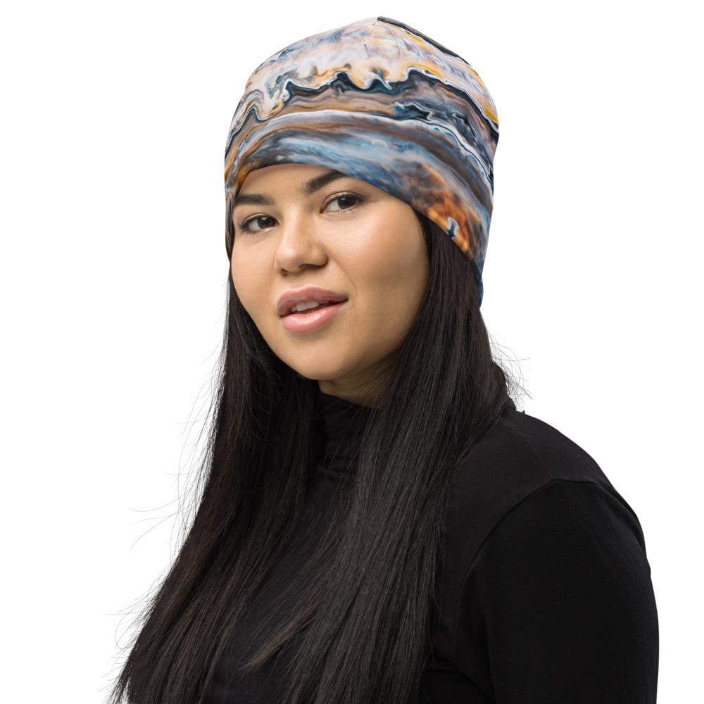 Blue swirl slouchy beanie hat for men and women, showcasing its trendy design and soft fabric.