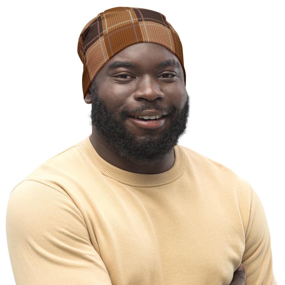 Brown checker slouchy beanie hat for men and women, showcasing a trendy design and soft fabric.