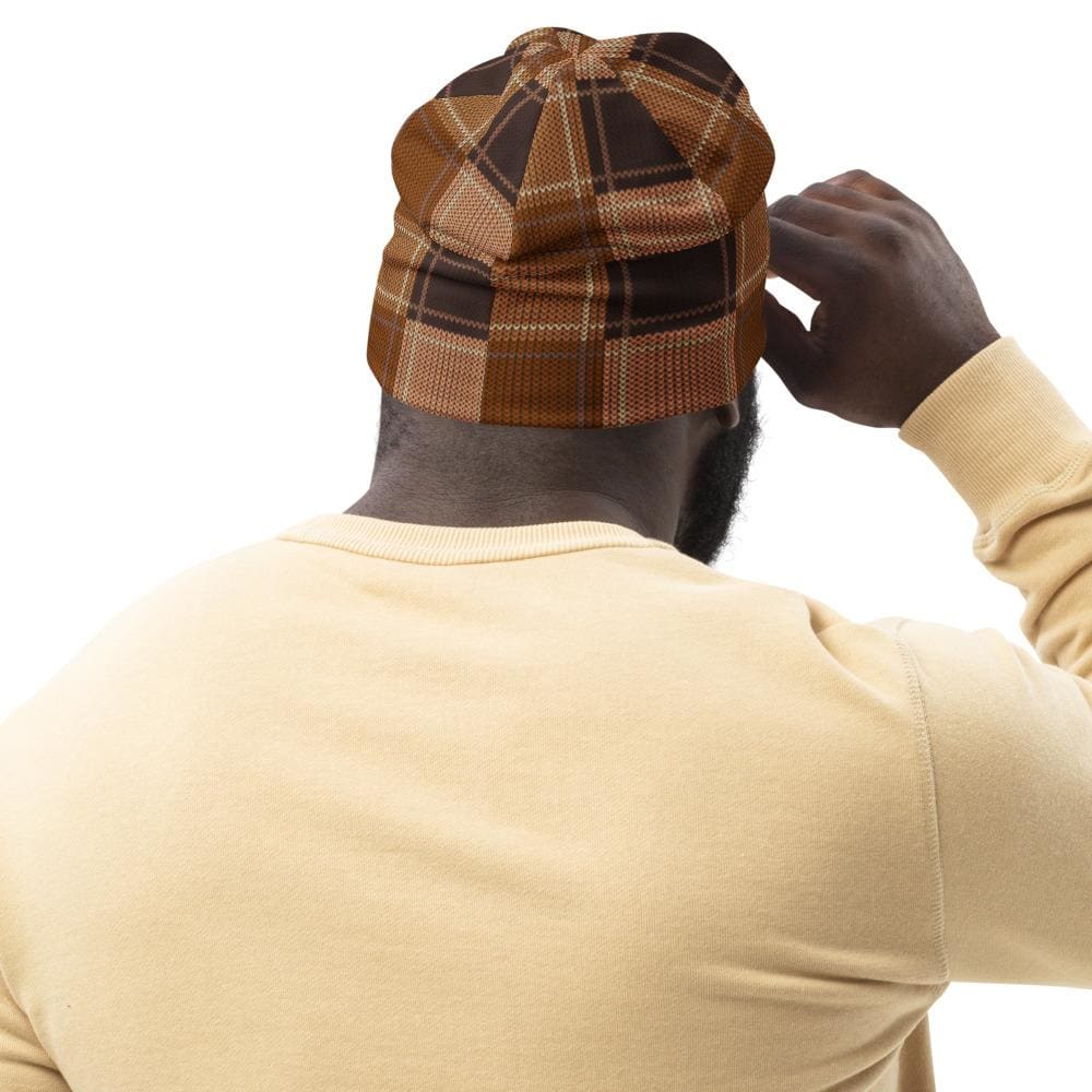 Brown checker slouchy beanie hat for men and women, showcasing a trendy design and soft fabric.