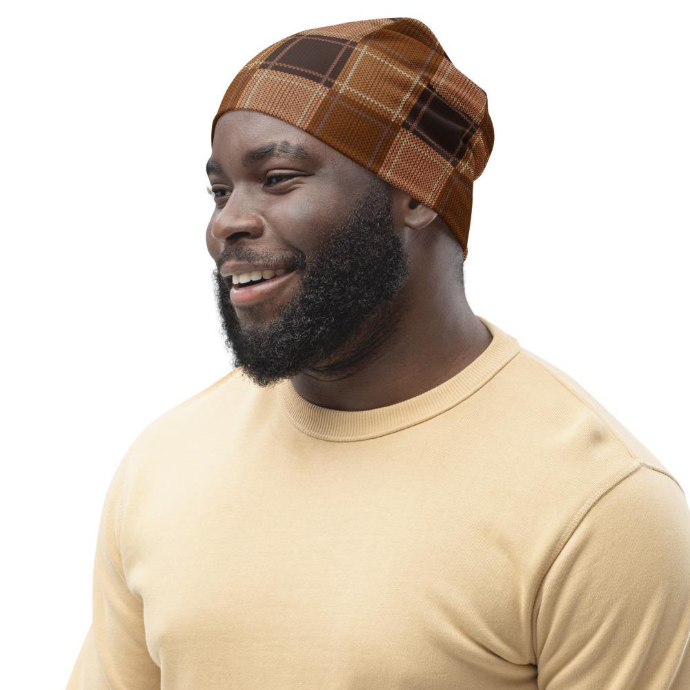 Brown checker slouchy beanie hat for men and women, showcasing a trendy design and soft fabric.