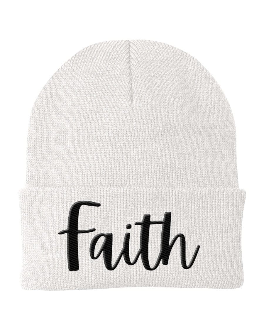 A stylish Faith Embroidered Beanie Knit Cap in a cozy knit design, perfect for cold weather and showcasing faith.