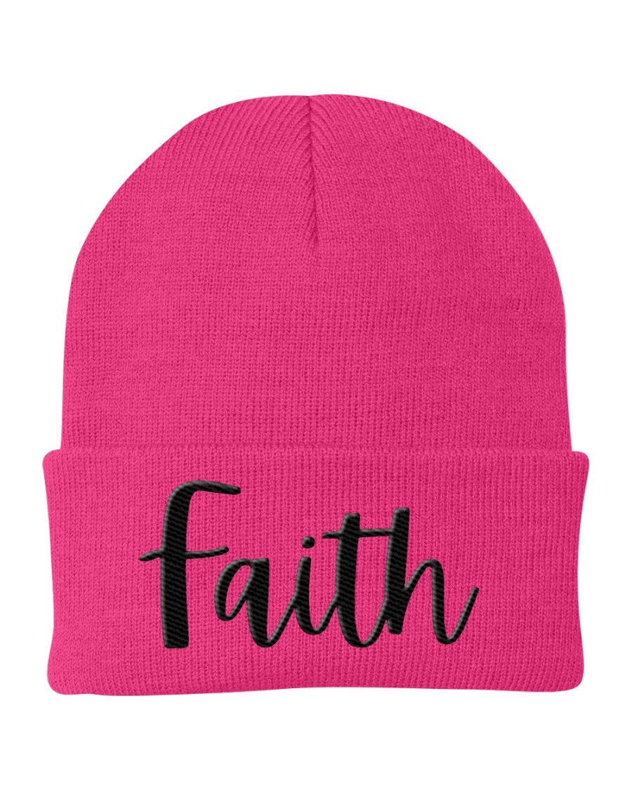 A stylish Faith Embroidered Beanie Knit Cap in a cozy knit design, perfect for cold weather and showcasing faith.