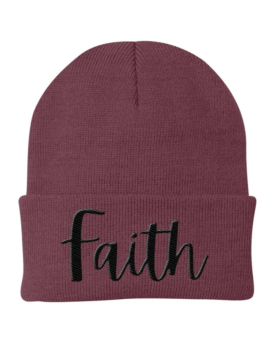 A stylish Faith Embroidered Beanie Knit Cap in a cozy knit design, perfect for cold weather and showcasing faith.