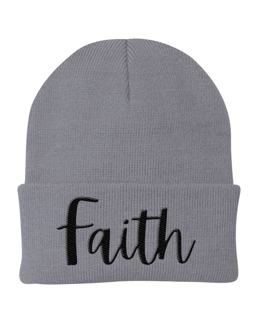 A stylish Faith Embroidered Beanie Knit Cap in a cozy knit design, perfect for cold weather and showcasing faith.