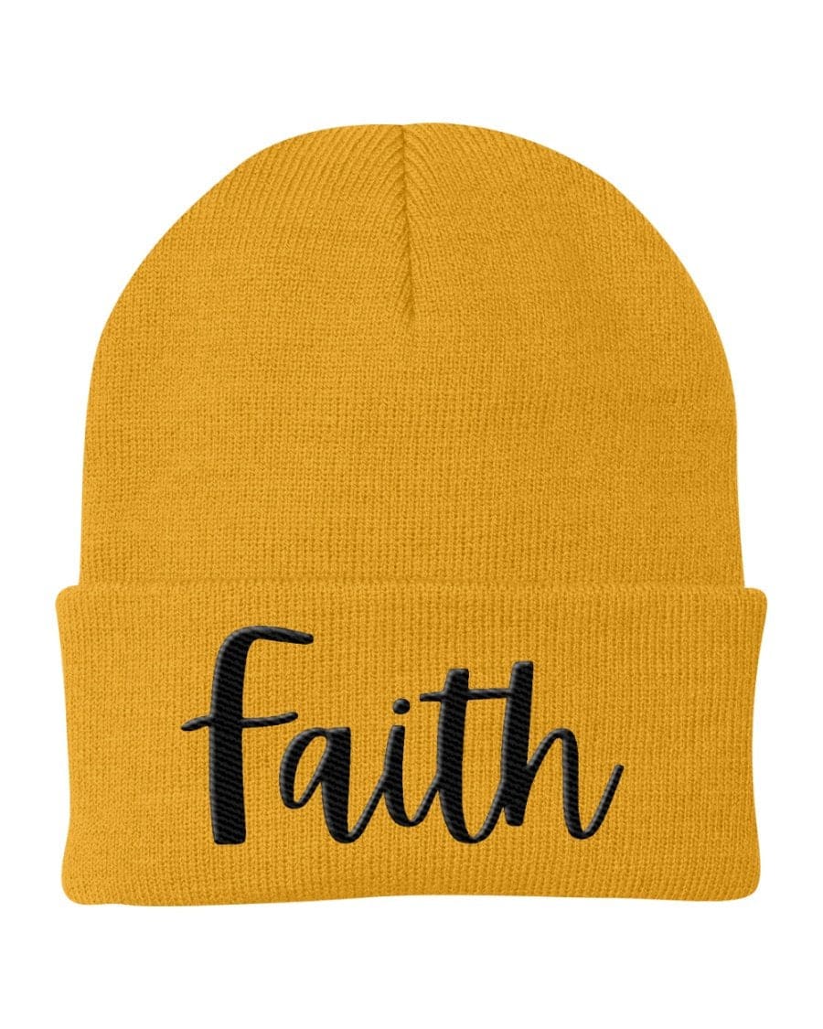 A stylish Faith Embroidered Beanie Knit Cap in a cozy knit design, perfect for cold weather and showcasing faith.