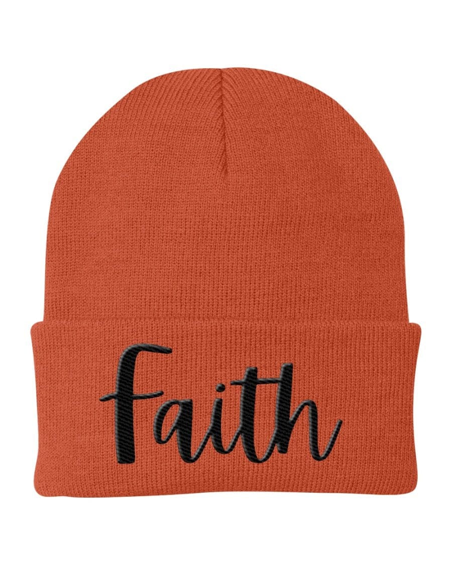 A stylish Faith Embroidered Beanie Knit Cap in a cozy knit design, perfect for cold weather and showcasing faith.