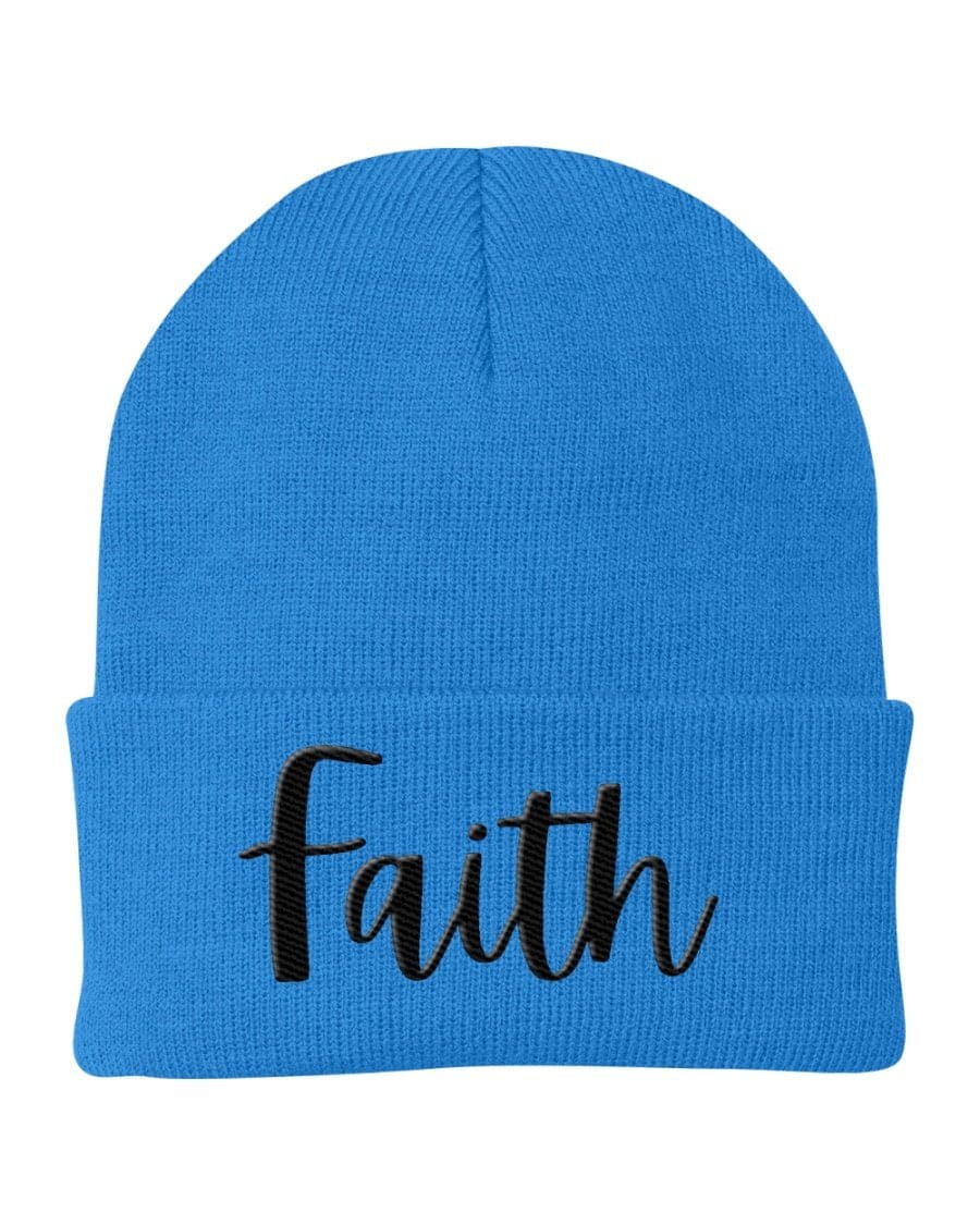 Black Beanie Knit Cap with Faith embroidery, showcasing a stylish and comfortable design suitable for all occasions.