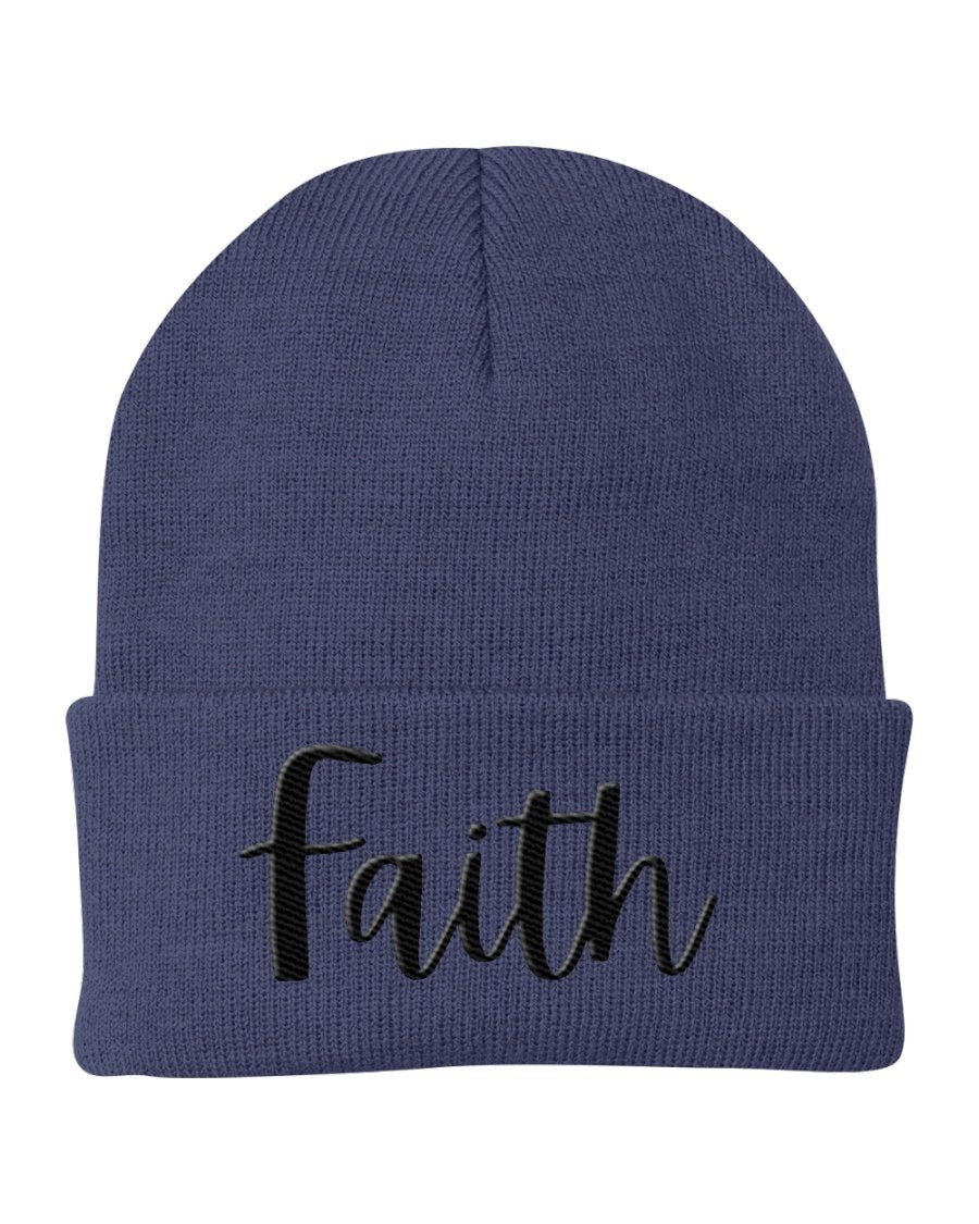 Black Beanie Knit Cap with Faith embroidery, showcasing a stylish and comfortable design suitable for all occasions.