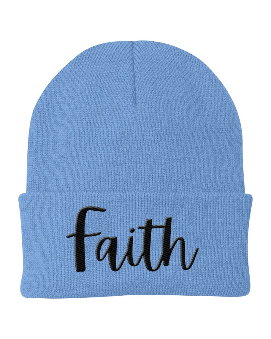 Black Beanie Knit Cap with Faith embroidery, showcasing a stylish and comfortable design suitable for all occasions.