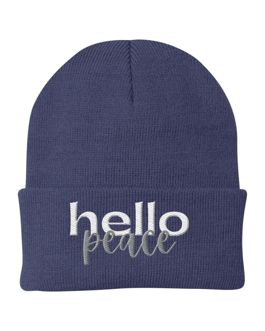 Hello Peace Beanie Knit Cap featuring white embroidered text on a soft Turbo Acrylic fabric, perfect for stylish warmth.