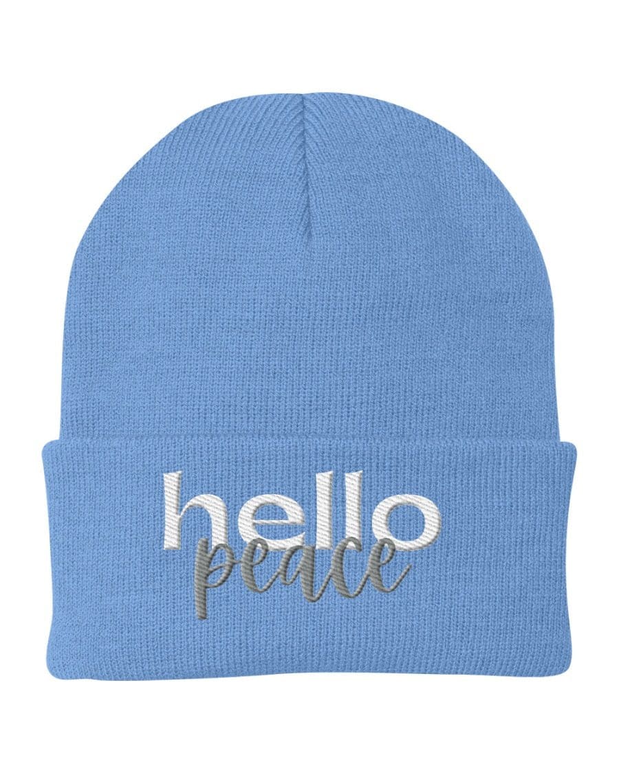 Hello Peace Beanie Knit Cap featuring white embroidered text on a soft Turbo Acrylic fabric, perfect for stylish warmth.