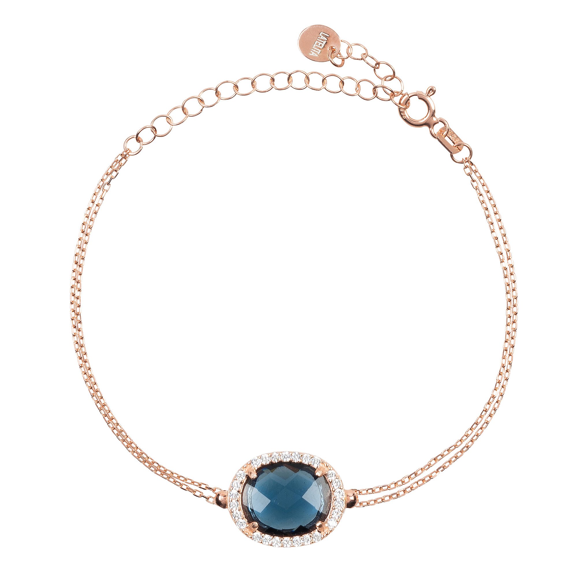 Beatrice Oval Gemstone Bracelet in rose gold featuring sapphire hydro and cubic zirconia, elegantly designed with a double chain.