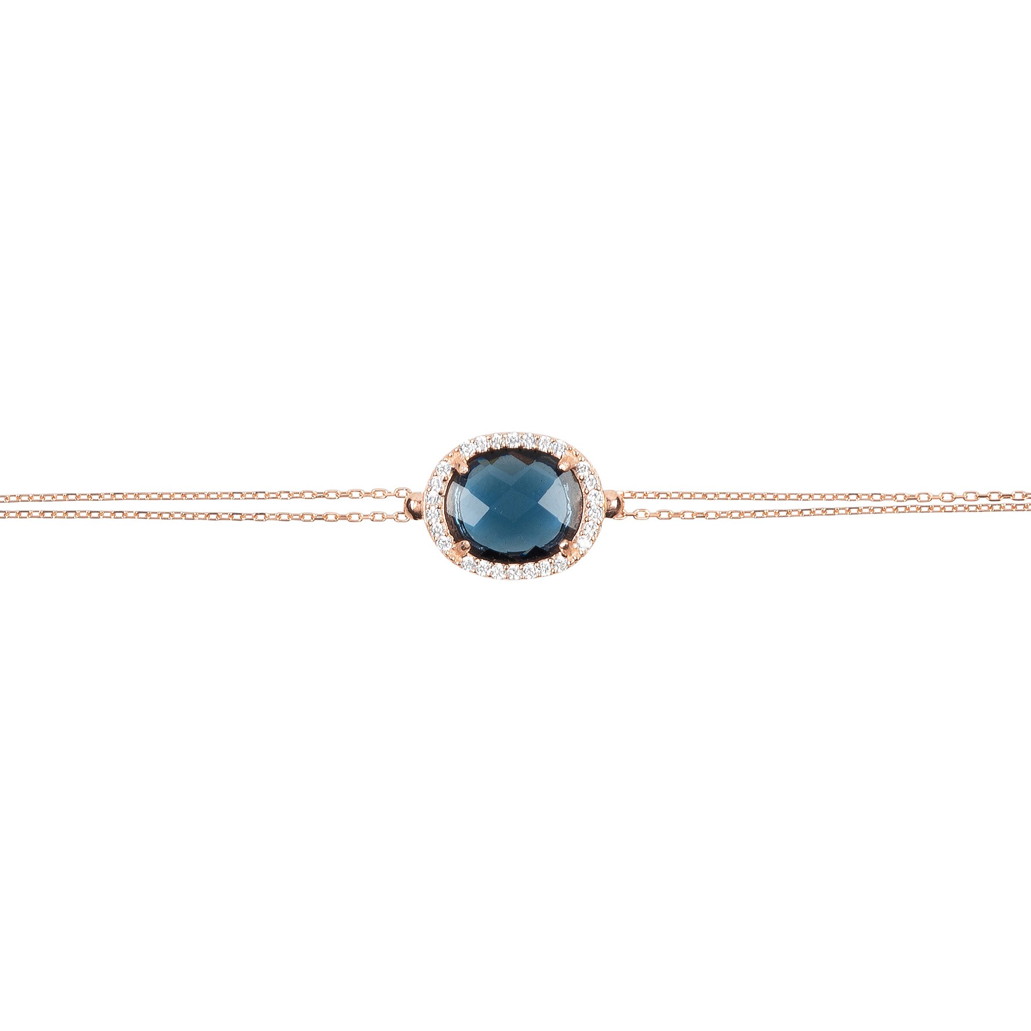 Beatrice Oval Gemstone Bracelet in rose gold featuring sapphire hydro and cubic zirconia, elegantly designed with a double chain.