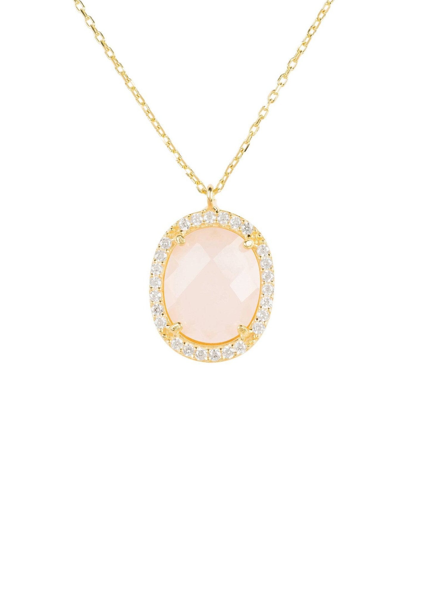 Beatrice Oval Gemstone Pendant Necklace featuring a rose quartz centerpiece surrounded by cubic zirconia, elegantly crafted in gold and silver.