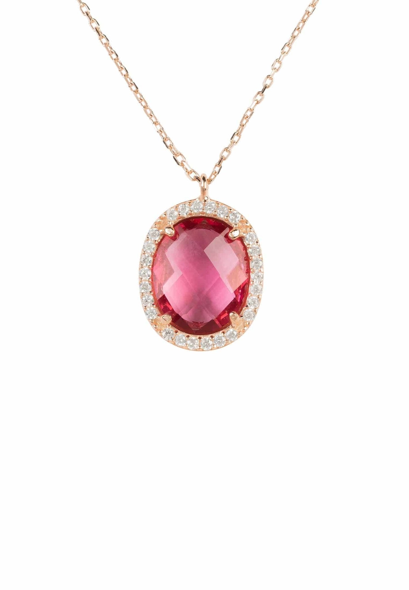 Beatrice Oval Gemstone Pendant Necklace in rose gold featuring a pink tourmaline stone surrounded by cubic zirconia accents.