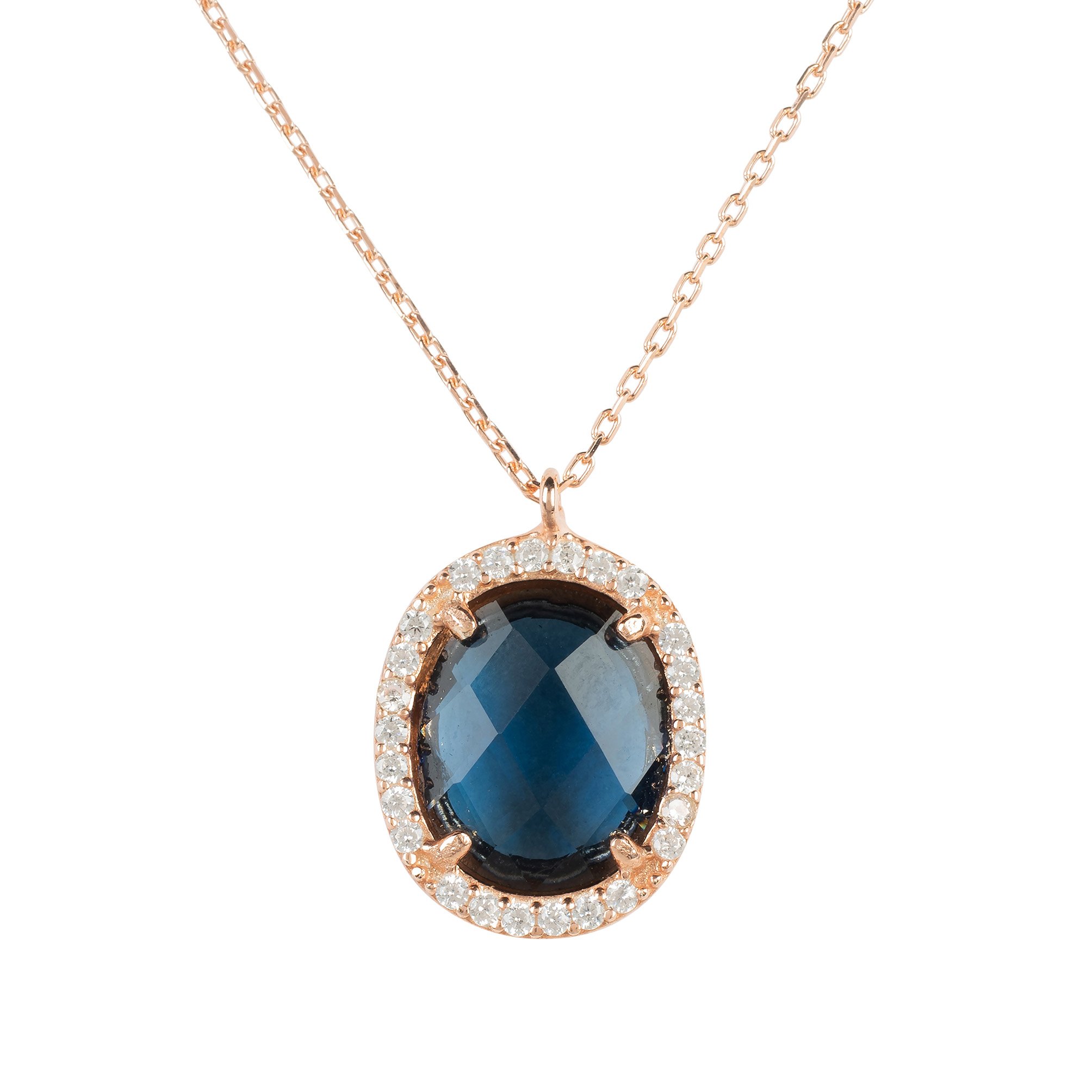 Beatrice Oval Gemstone Pendant Necklace in rose gold featuring a sapphire hydro centerpiece and cubic zirconia detailing.