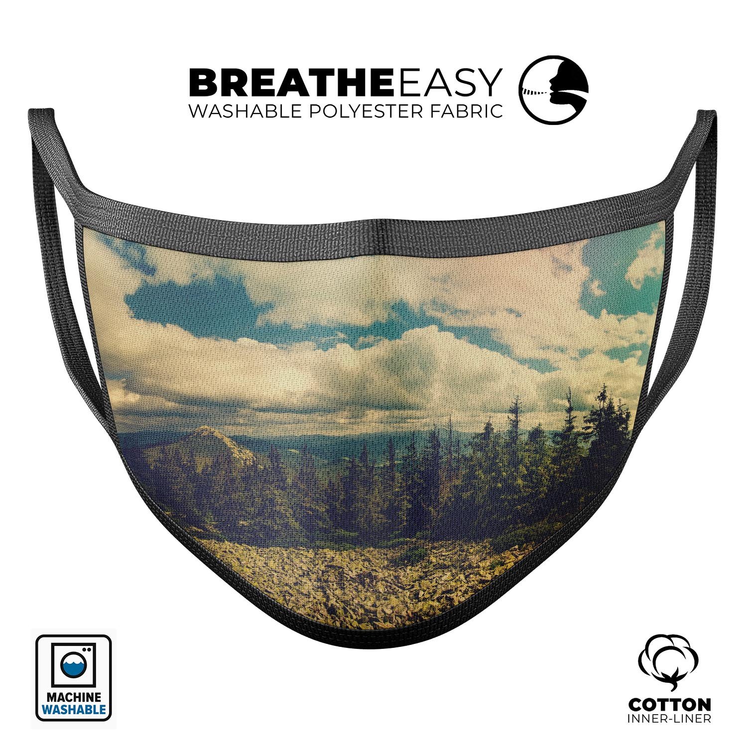 Beautiful Scenic Mountain View mouth cover, showcasing vibrant colors and a comfortable fit, made in the USA.