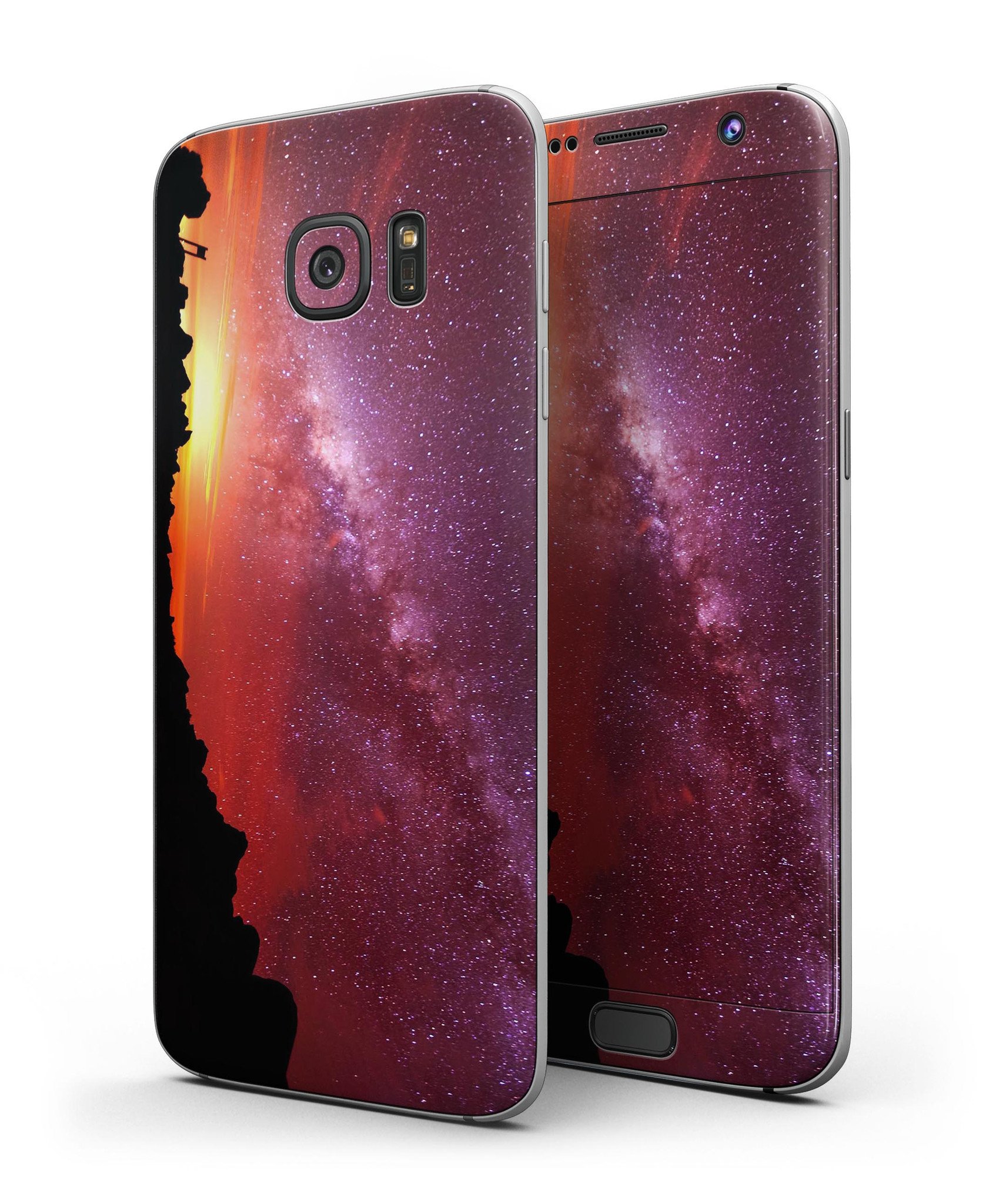 Beautiful Milky Way Sunset skin kit for Samsung Galaxy S7 and S7 Edge, showcasing vibrant colors and premium vinyl material.