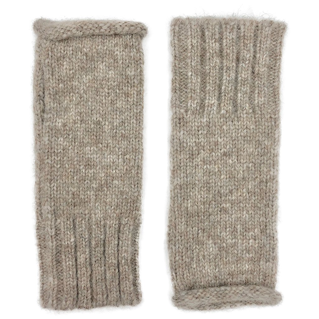 Beige Essential Knit Alpaca Gloves showcasing fingerless design and ribbed cuff, handmade in Peru from luxurious alpaca fiber.