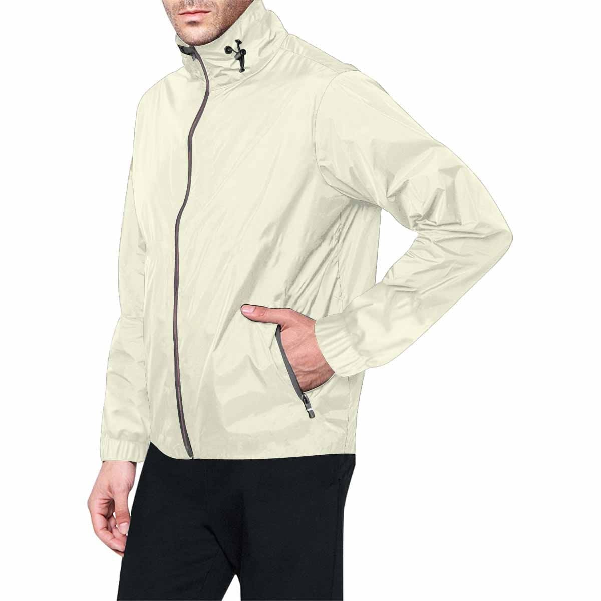 Beige hooded windbreaker jacket for men and women, featuring a full zip, adjustable hood, and stylish red metal zip.