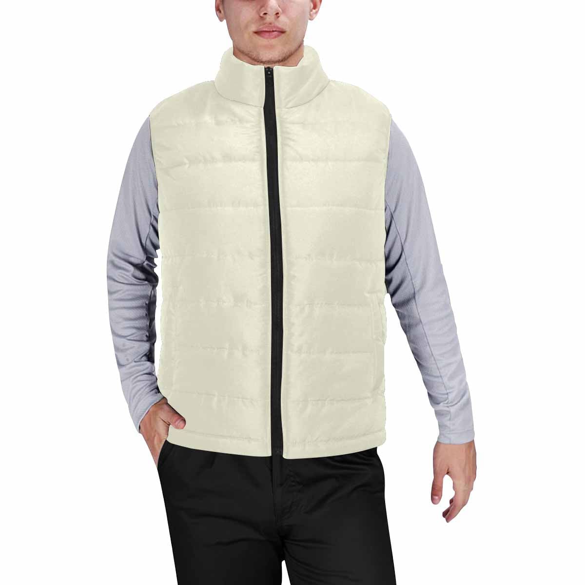 Beige men's padded vest featuring a quilted design and zipper closure, perfect for layering in cool weather.